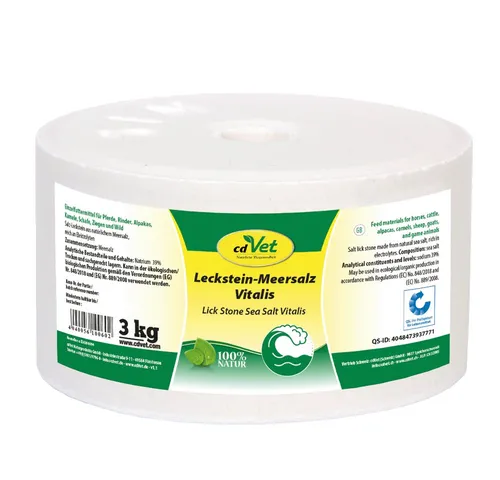 cdVet Leckstein Meersalz Vitalis 3 kg – Hochwertige Salzquelle für Weidetiere - MHD 08.03.2026! Dieser Leckstein bietet Weidetieren eine natürliche Salzquelle, die für die individuelle Selbstversorgung ideal ist. Enthält wichtige Mineralien und Spurenelemente für das Wohlbefinden Ihrer Tiere.