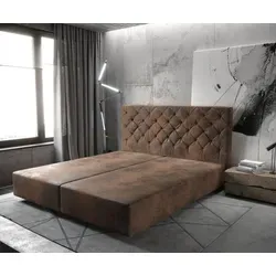 DELIFE Boxspringgestell Dream-Great 180x200 cm - Mikrofaser Braun - Hochwertiges Boxspringbett mit Bonellfederkern für optimalen Liegekomfort. Verleihe deinem Schlafzimmer einen eleganten Vintage-Flair mit schwebender Optik und stilvollem Chesterfield-Kopfteilen.