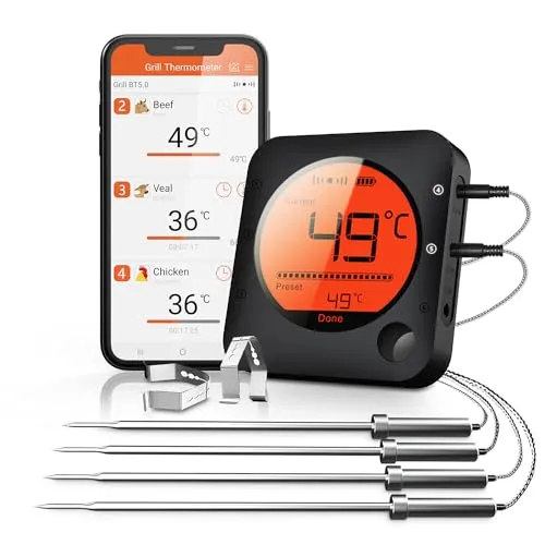 BFOUR 100m Grillthermometer Bluetooth - Bratenthermometer mit 4 Edelstahlsonden und großer LCD-Anzeige, ideal für präzises Grillen und Kochen, mit Bluetooth-Funktion für einfache Temperaturüberwachung.