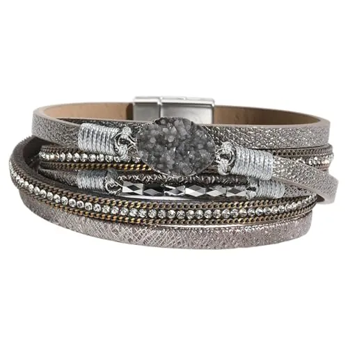 Karma NH10637490 Wickelarmband bunt PU Leder 39 cm Armband Damenarmband Lederarmband modern Magnetverschluss Zirkon Geschenk für Sie (Grau)