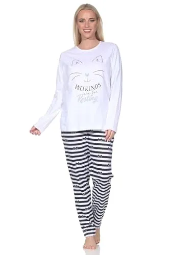 Normann Damen Langarm Schlafanzug Pyjama in Katzen Optik von Normann