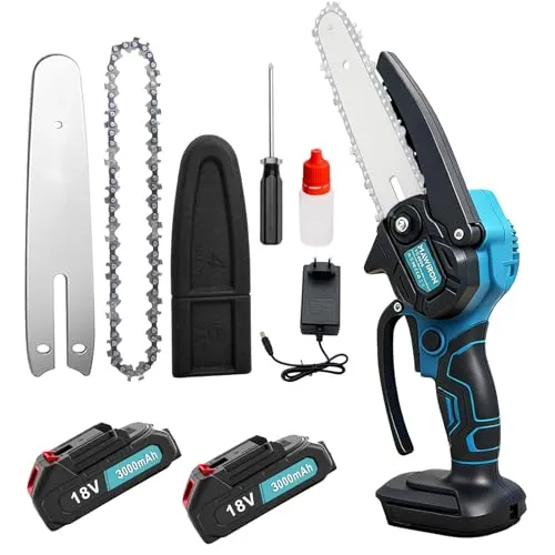Zoll Akku Kettensäge Ersatz für DUC101Z,Mini-Kettensäge Mit 1 Ketten,kleine Ölflaschen,2 Akku 3000mAh Tragbare Einhand-Kettensäge Für Gartenarbeit, Holzschneiden und Beschneiden 6