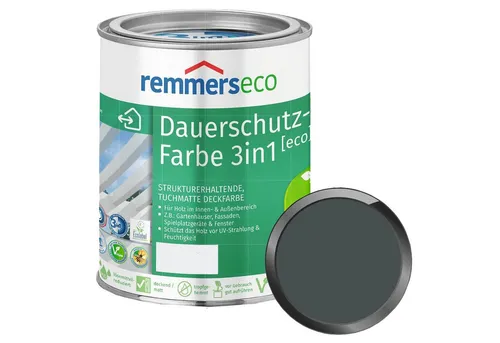 Remmers Dauerschutz-Farbe 3in1 [eco] basaltgrau 2,5L - Lacke – Wasserbasierte Premium-Dauerschutzfarbe mit 3in1-Funktion: Isoliergrund, Zwischen- und Schlussbeschichtung. Ideal für Holz innen und außen, bietet Wetterschutz und UV-Schutz.