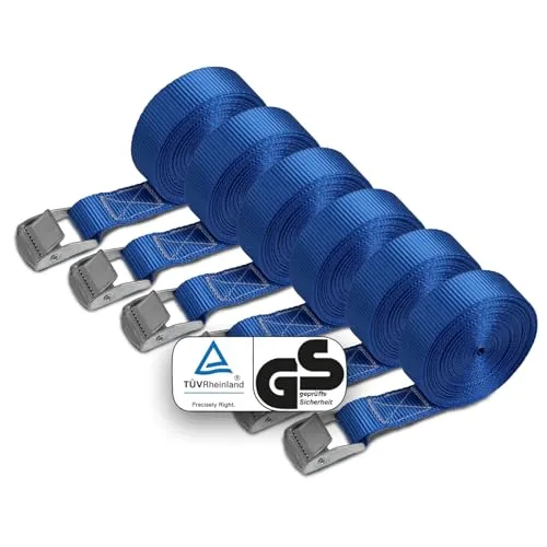 Spanngurte Zurrgurt | TÜV geprüft | Spanngurt Befestigungsgurt mit Klemmverschluss | Blau | Belastbar bis 250 kg | Diverse Längen Stückzahlen - 6er Pack 2.5 cm x 6 m