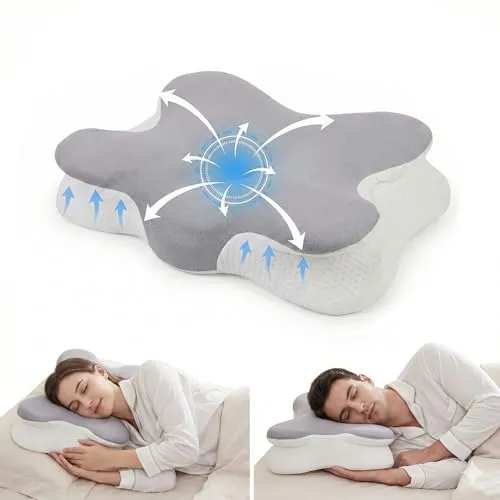 TOREOKO Nackenkissen Memory Foam 65x38cm, Ergonomisches Kopfkissen für Nackenschmerzen, Orthopädisches Schmetterlingskissen Seitenschläfer Rückenschläfer, Schlafkissen mit Waschbarem Bezug Weiß Grau