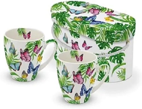 PPD Tasse Blumen, Planzen,Becher, Kollektion, Mug Set Tropische, Schmetterling, 2-tlg., Porzellan Becher Sommer, Trinkbecher mit Geschenkbox, Ideal als Geschenk