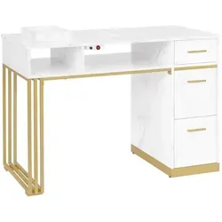 Barberpub Maniküretisch mit Absaugung - Schreibtisch für Nagelstudios, ausgestattet mit leistungsstarker Absaugung für eine saubere Arbeitsfläche und zeitlosem Marmor-Weiß-Gold Design.