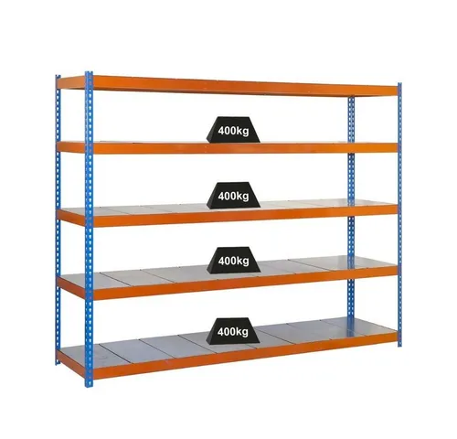 PROREGAL® Schwerlastregal Yeti Five - 200x120x45cm, Blau-Orange - Schwerlastregal mit 4 verstellbaren Stahlböden, Traglast bis 400kg pro Ebene, ideal für Werkstatt und Lager. Einfache Montage dank Stecksystem und hohe Stabilität.