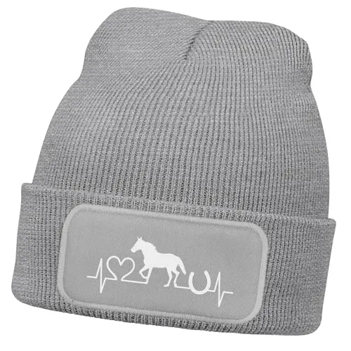MoonWorks® Wintermütze Kinder Beanie für Mädchen Reiten Herzschlag Pferd mit Patch Aufdruck Print Strickmütze Grau Unisize