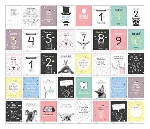 Produktbild Baby Meilenstein-Karten für das 1. Lebensjahr für Mädchen und Junge. Baby Milestone Cards deutsch, zur Erinnerung der Entwicklung der ersten ... Geburt, Schwangerschaft, Taufe oder Baby Shower 40