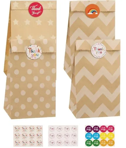 vvhippo Papiertüten Kindergeburtstag, 20 Stück Geschenktüten Braun Tüten Papier mit 36 Aufkleber, Candy Tüten zum Verpacken von Geschenken, Giveaways, Kindergeburtstag, Hochzeit, Party, usw