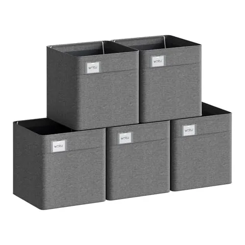 WOLTU Faltbare Aufbewahrungsboxen 5 Stück, Stoffboxen mit Griffen und Etikette, Aufbewahrungswürfel Organizer für Regal, Dunkelgrau, 26x26x25,5cm