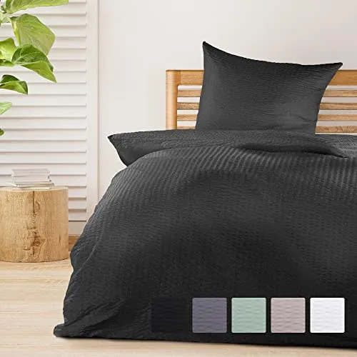 Beautissu 2tlg Seersucker Bettwäsche 155x220 cm Sommer & Kopfkissen Bezug 80x80 cm – Bügelfrei Bettwäsche-Sets Bettbezug Sommerbettwäsche 155x220 – Hautfreundlich Bettwaren Bettwäsche Schwarz Meline