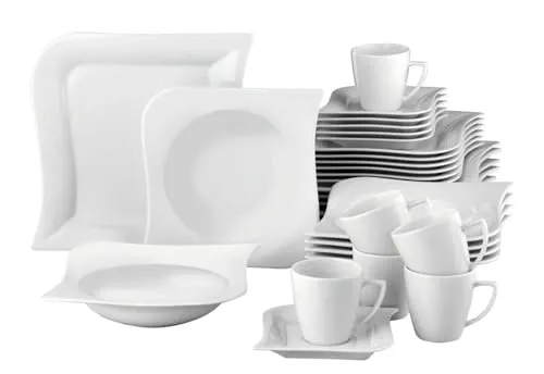 möbelando Kombiservice Geschirr-Set Opera (30-TLG) für 6 Personen - Elegantes 30-teiliges Kombiservice aus hochwertigem Porzellan in klassischem Weiß, ideal für Familienfeiern und besondere Anlässe. Die geschwungene Form sorgt für ein modernes Design und perfekte Tischpräsentationen.