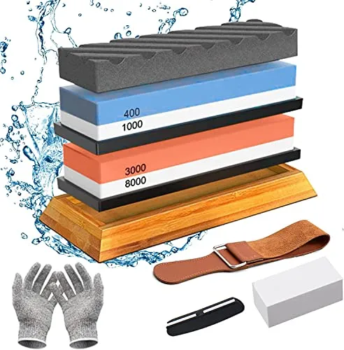 TAVADA Schleifstein Set,Abziehstein Schleifstein Set,Doppelseitig 400/1000/3000/8000 Grit Schleifsteine,mit Abrichtstein,Winkelführung,Bambusbasis,Lederstreifen,für Metallklinge schärfen