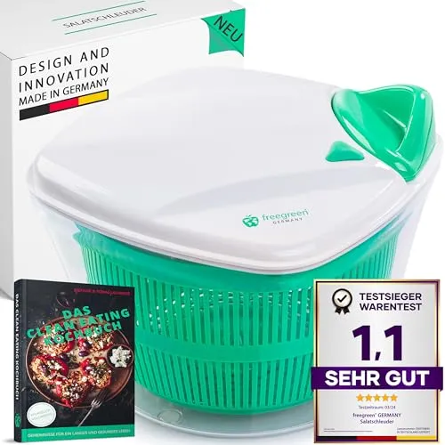 freegreen® Germany Salatschleuder [5L] mit patentiertem Zugmechanismus - Salatschleuder mit innovativem Zugmechanismus für maximale Drehgeschwindigkeit und einfache Handhabung. Inkl. Clean Eating Kochbuch für gesunde Rezepte!
