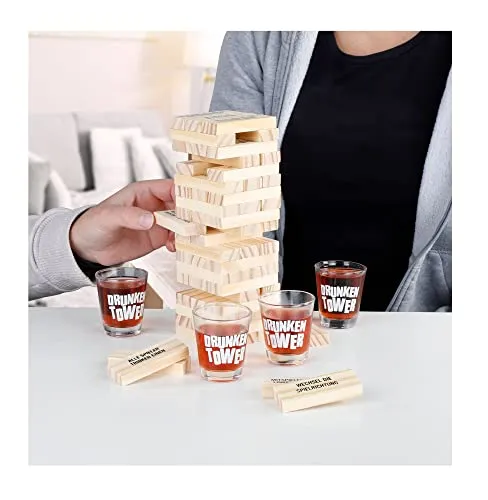 Benelando Trinkspiel Wackelturm + 4 Gläser Stapelturm Geschicklichkeitsspiel Partyspiel