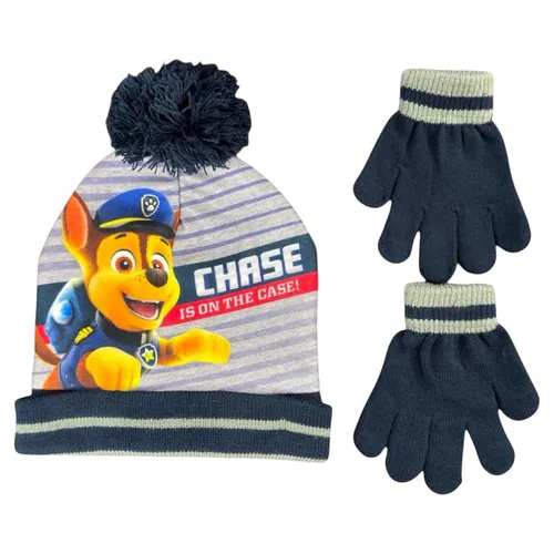 PAW PATROL - Kinder Wintermütze Set Gr. 51/54 cm Bommel-Mütze und Handschuhe