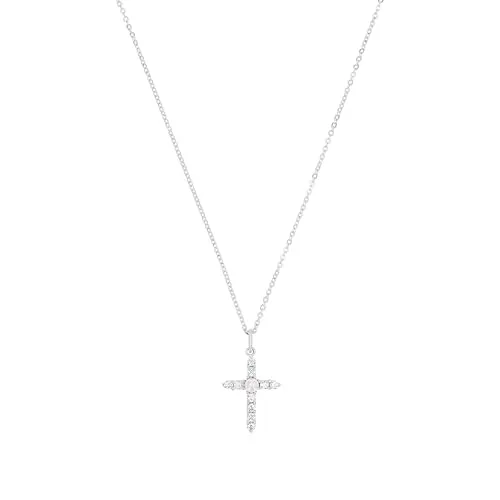 Amor Kette mit Anhänger für Damen, Sterling Silber 925, mit Wachsperle und Zirkonia, 45 cm, silber, Kreuz, Geschenkidee, kommt in Schmuck Geschenk Box, 2100162