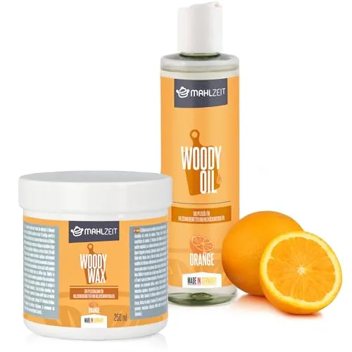 Mahlzeit Holzpflege Set WOODY WAX Holzpflege aus Bienenwachs + WOODY OIL Holzöl für Schneidebretter und Holzküchenutensilien, 2x 250 ml, Orangenduft | 100% natürlich | Holzschneidebretter, Balsam
