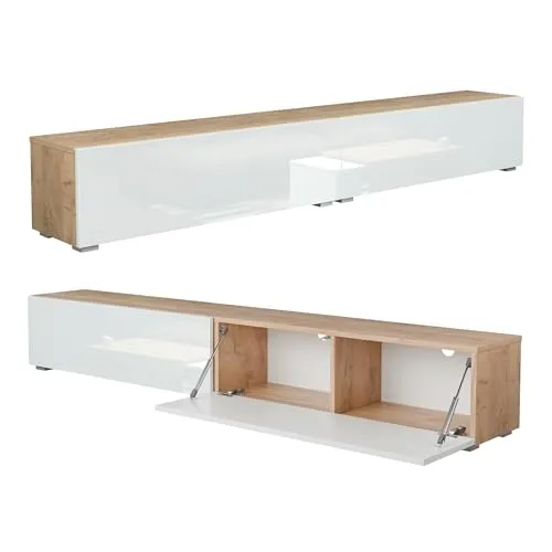 Platan Room TV Lowboard 210 cm - Hochglanz Wandschrank für Wohnzimmer - TV-Halterungen: Modernes Lowboard mit griffloser Push-to-Open-Funktion, vielseitig hängend oder stehend einsetzbar und sorgt für eine elegante Optik in Ihrem Wohnraum.