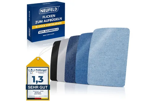 NEUFELD Aufnäher Jeansflicken zum Aufbügeln I 15 Stück I 5 Farben I Bügelflicken