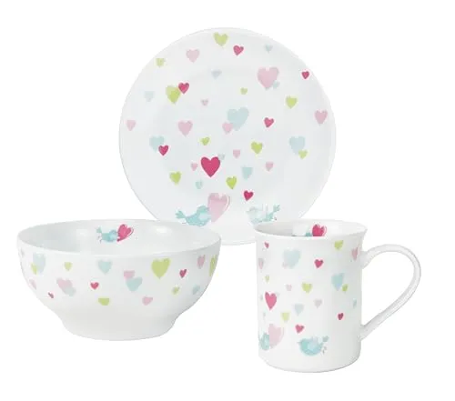 PURESIGNS Kindergeschirr 3-teilig Porzellan CORA – BPA-frei, mikrowellengeeignet - 3-teiliges Kindergeschirr aus hochwertigem Porzellan, bestehend aus Teller, Schale und Becher. Sicher, robust und ideal für den Alltag. Das liebevolle Design mit zarten Herzen begeistert Kinder ab 18 Monaten und macht jede Mahlzeit zum Erlebnis.
