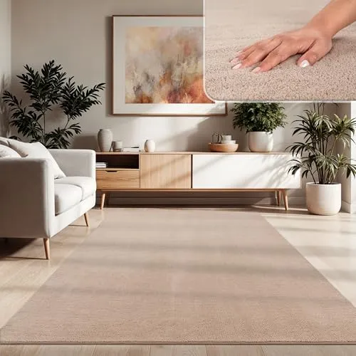 Paco Home Moderner Kuscheliger Wohnzimmer Teppich Kurzflor waschbar flauschig Weich Einfarbig Felloptik zeitlos stilvoll rutschfest pflegeleicht, Grösse:200 cm Quadrat, Farbe:Beige