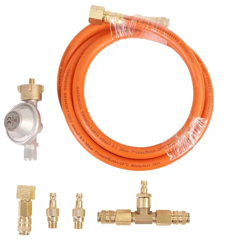 GARDINGER Gewindeadapter Adapterschlauchset mit Schnellkupplungen und Regler 2,5 bar - Praktisches Adapterschlauchset für Gasgrills, inklusive 2,5 bar Druckregler. Ideal für den Anschluss von 5/11 kg Propanflaschen. Robuste Materialien und einfache Handhabung sorgen für Sicherheit beim Grillen im Freien.