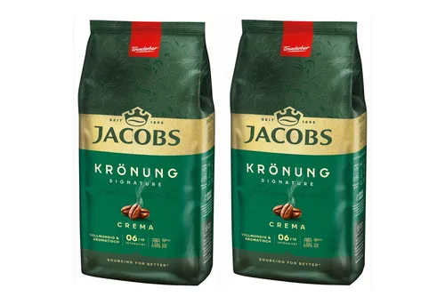 JACOBS Krönung Crema Kaffeebohnen 2 x 1 kg - Genieße den vollmundigen Geschmack von JACOBS Krönung Crema. Diese ganzen Bohnen bieten eine harmonische Mischung aus Nuss- und Zitrusnoten. Ideal für Kaffeevollautomaten und die Zubereitung von Caffè Crema oder Latte Macchiato.