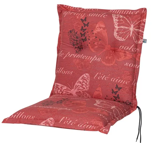 KETTtex Polsterauflage Niederlehner Bali extra 2386 - Hochwertige Auflage für Gartenstühle, 100% Baumwolle mit fröhlichem Schmetterlingsdesign, inklusive verstellbarem Halteband – perfekt für entspannte Stunden im Garten.