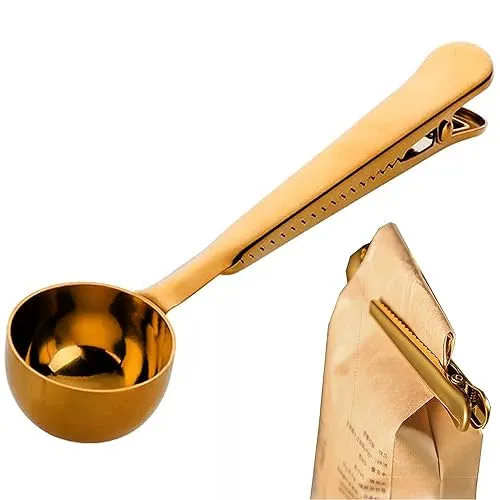 MINGZE Kaffeedosierlöffel Mit Klammer Aus Edelstahl, Kaffee Schaufel Kaffeemaß Kaffeelöffel Prämien Edelstahl Schaufeln Und Tee Schaufel Mit Integriertem Beutel Klipp (Gold)