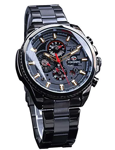 FORSINING Herren-Armbanduhr, luxuriös, militärisch, automatisch, mechanisch, Kalender, Edelstahl, Leuchtzeiger, wasserdichte Uhren, Schwarz , Armband