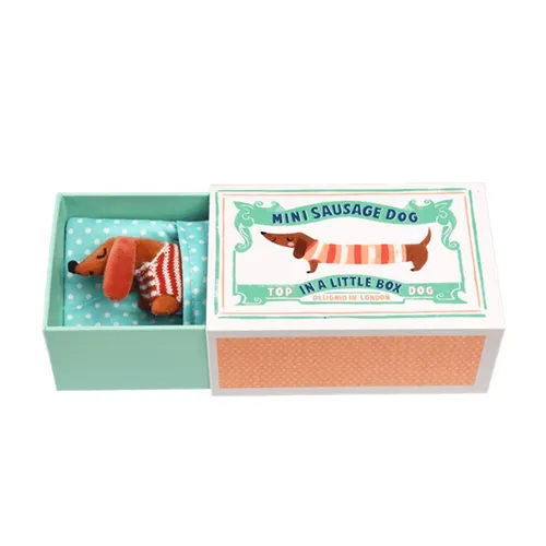 Rex London - Mini-Wursthund in kleiner Box 'Pear' - Kuscheltiere: Niedlicher Mini-Dackel mit gestreiftem Pullover und gepunkteter Decke, ideal zum Spielen und Kuscheln, kommt in einer schönen Geschenkbox.