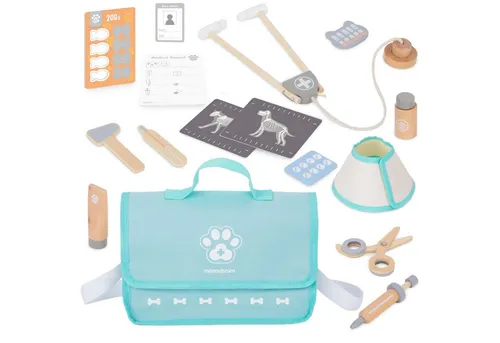 Mamabrum Holz Tierarzt Set für Kinder ab 3 Jahren - Arztköfferchen für kreative Rollenspiele: Umfasst realistisches Zubehör wie Stethoskop und Spritze, fördert Empathie und Motorik bei kleinen Tierfreunden.