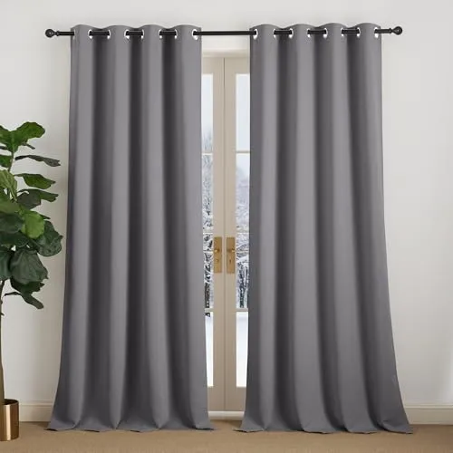 NICETOWN Blickdichter Vorhang 240 cm Lang Übergardinen Wohnzimmer 2er Set H240 x B140 cm Grau, Thermogardine Kälteschutz Gardinen Modern Abdunklungsvorhänge mit Ösen