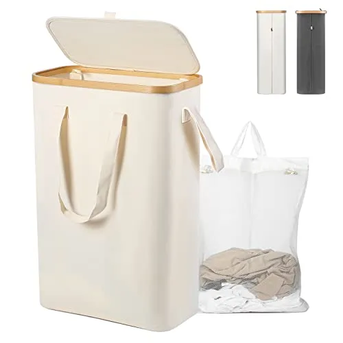 Yamagahome Wäschekorb Schmal mit Deckel, 52L Wäschesammler Schmal mit Wäschesack, Faltbarer Wäschekorb aus Bambus mit Tragegriff für Apartment, Wohnheim und Wohnwagen, Beige