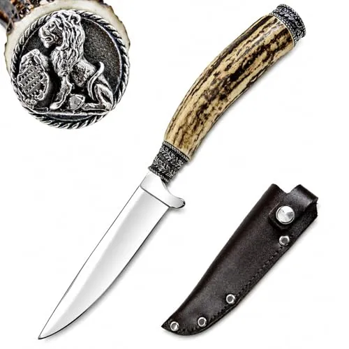 Funk Hirschhorn Trachtenmesser mit Zierkappe - Bayrischer Löwe - Rostfrei - Handgefertigtes Trachtenmesser mit echtem Hirschhorngriff und rostfreier, polierter Klinge. Ideal als stilvolles Accessoire zur Trachtenkleidung. Inklusive robuster Lederscheide für sicheren Transport.