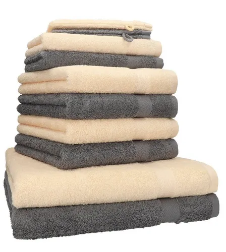 Betz Handtuch Set 10-TLG. Premium Beige & Anthrazit - Handtuch-Set aus 100% Baumwolle, 10-teilig mit flauschigen Duschtüchern, Handtüchern und Waschhandschuhen. Ideal für ein Wohlfühl-Ambiente mit hervorragendem Preis-Leistungs-Verhältnis.