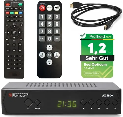 RED OPTICUM HD Sat Receiver für Satellitenschüssel mit Aufnahmefunktion S-Box PVR + Senioren Fernbedienung, HDMI, SCART, USB, Coaxial