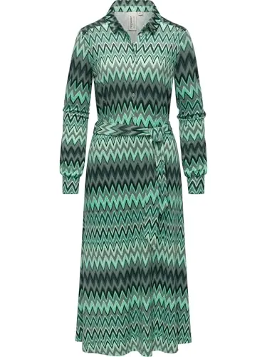 Ragwear Damen Langarm Kleid Midikleid mit Taillengürtel und Plantee Print Dusty Green, Gr. XL