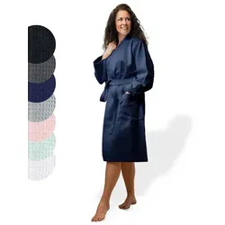 SIEGENTHAL Morgenmantel SIEGENTHAL® Damen Bademantel Waffelpique 100% Baumwolle Schalkragen, Schalkragen, elegante Gürtel, saugfähige Baumwolle, pflegeleicht und langlebig, praktische Taschen blau L-XL