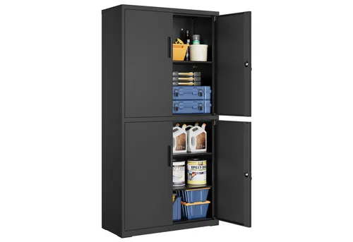 SONGMICS Aktenschrank, 180 cm, abschließbar, mit verstellbaren Ablagen - Schwarz - Praktischer Büroschrank mit 4 Türen und 3 verstellbaren Ablagen für optimale Organisation. Robuster Stahl sorgt für Langlebigkeit und Sicherheit durch 2 Schlösser. Ideal für vielseitige Aufbewahrung im Büro oder Zuhause.