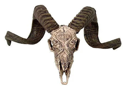 Unbekannt Deko Widder Geweih verziert 48cm aus Kunststein Gehörn Schädel Tribals