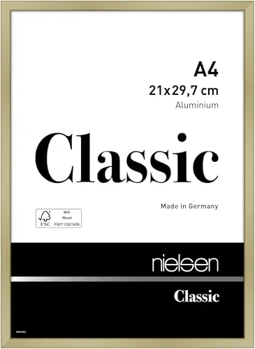 nielsen Bilderrahmen, 21 x 29,7 cm (A4), Aluminium, Gold matt, Dokumentenrahmen zum Aufhängen im Hoch- & Querformat, Echtglas, Classic
