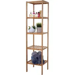 Badregal HWC-B18 - Stilvolles Badset aus Bambus - Badezimmerzubehör-Set mit 5 Böden und praktischem Staufach, ideal für Ordnung und stilvolle Akzente im Bad. Hergestellt aus hochwertigem Bambus.