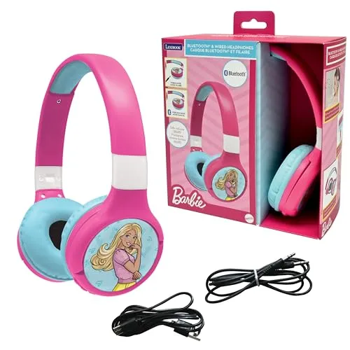 Lexibook Barbie 2-in-1 Bluetooth & Wired Headset - Puppen-Headset im 100 % Barbie-Design mit Lautstärkebegrenzung auf 85 dB, ideal für Kinder. Faltbar, leicht und mit bis zu 12 Stunden Akku-Laufzeit für kabellosen Genuss!