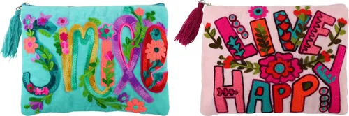 FURNARO Kulturbeutel (2-tlg. Set), Schminktaschen mit Stickerei, Reißverschluss, Baumwolle 21,5x16cm