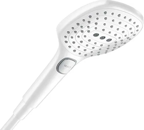 hansgrohe Duschkopf Raindance Select E, Handbrause 120mm - Handbrause mit 3 Strahlarten, elegante Mattweiß-Oberfläche und einfache Strahlartenwahl per Knopfdruck für ein individuelles Duscherlebnis.