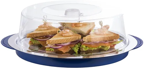 APS Servierplatte 09093 Thermo Tablett, Ø 35 cm - Tortenplatte aus Edelstahl 18/0, inklusive Frischhaltehaube und Kühlakkus. Ideal zum stilvollen Servieren und Präsentieren von Speisen, spülmaschinengeeignet und kühlbar.